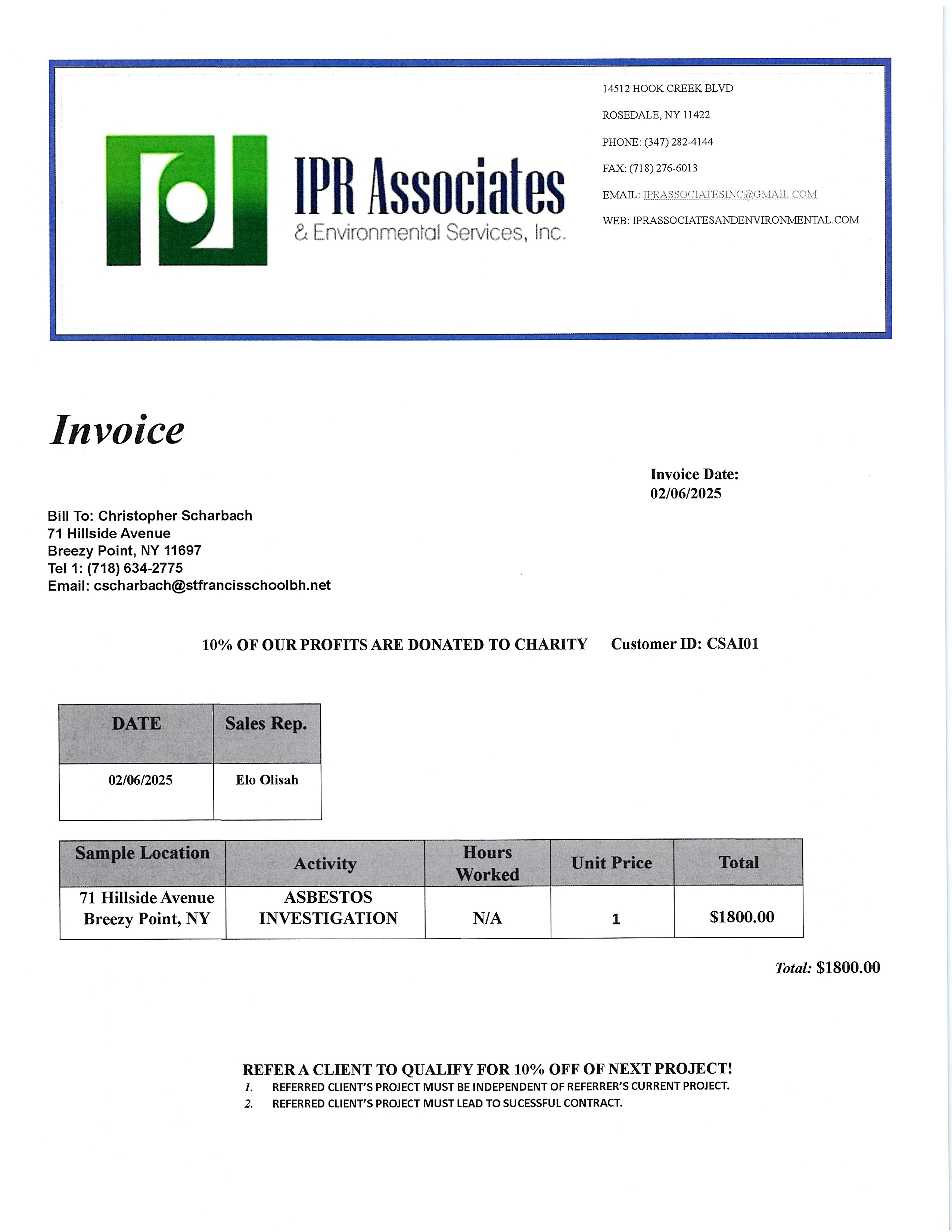 Invoice/ 71 Hillside Avenue – IPR Associates & Environmental Inc